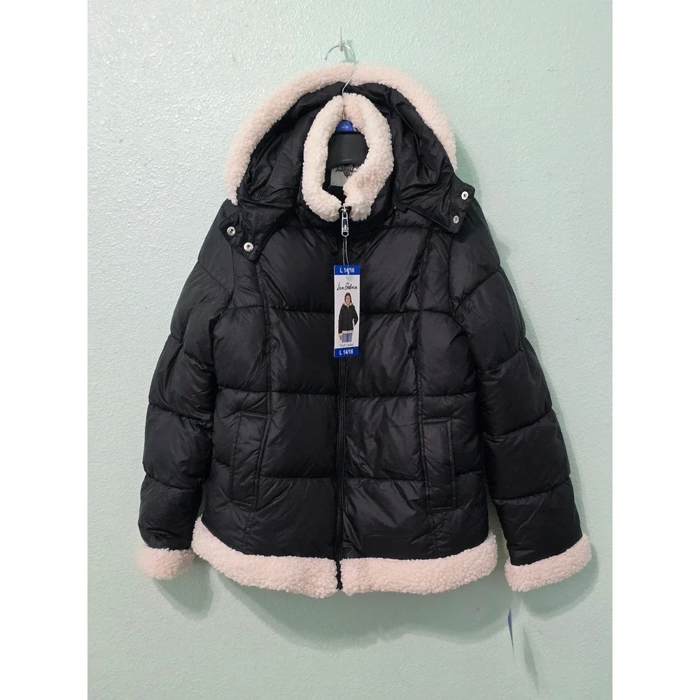 Black Sherpa Ski Snow Puffer Hood Star Whimsygoth Girls Sam Edelman Jacket L